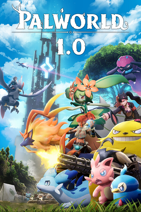 Palworld 1.0 cover featuring the player character and Pals across the Palpagos Islands