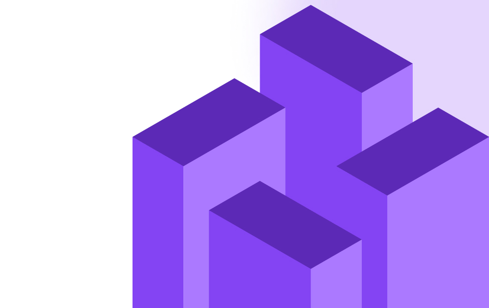 Abstract isometric purple cubes forming a stylized cityscape on a pale background