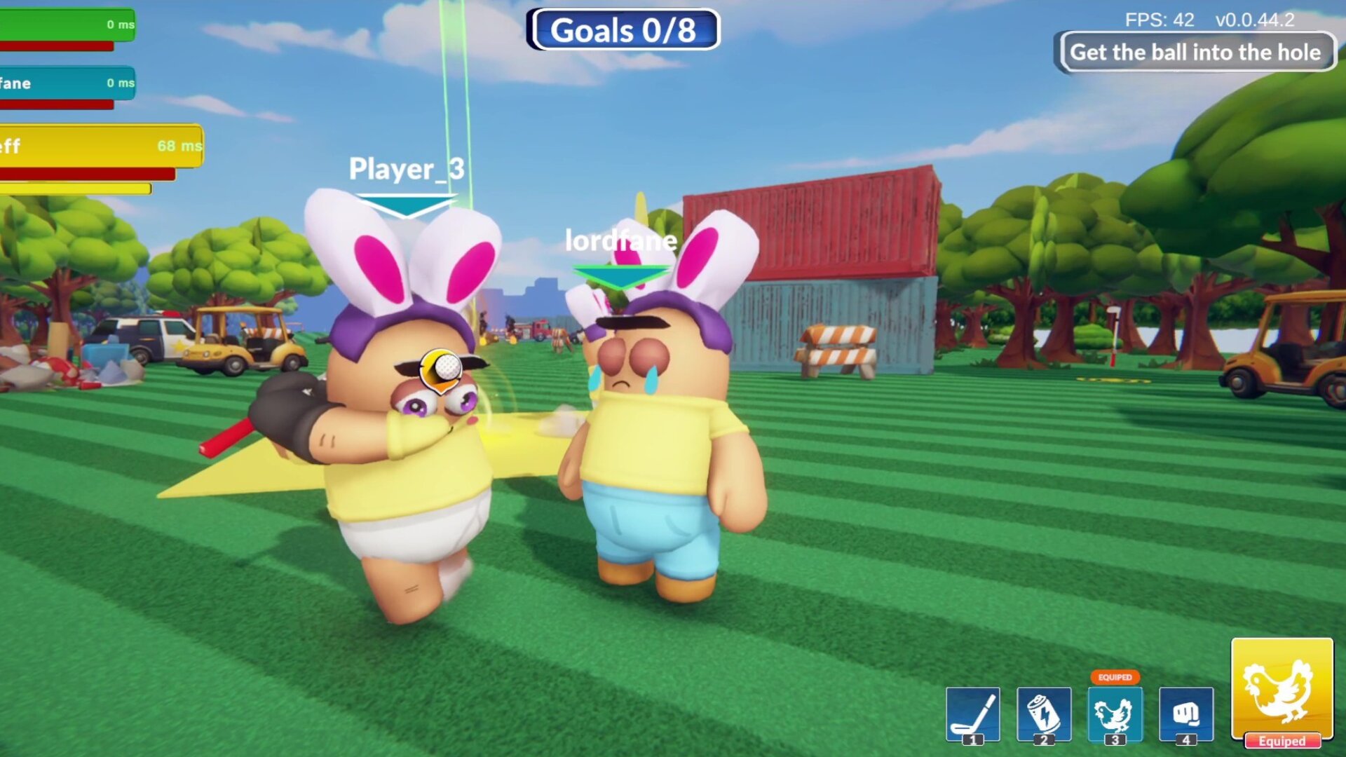 Two bunny-eared characters in yellow shirts stand on a bright striped field, with a 0/8 goals HUD overhead.
