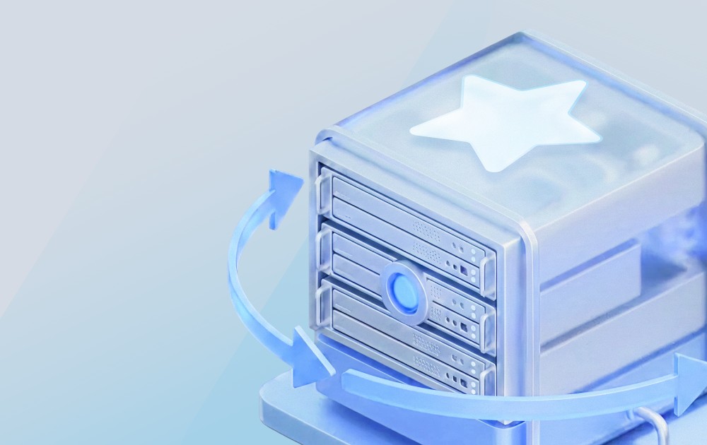 Blue server rack with a white star on the top, surrounded by circular arrows to indicate data backup or synchronization.
