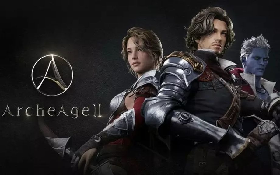 Promo art for ArcheAge II featuring three armored heroes against a dark background with the game logo to the left.