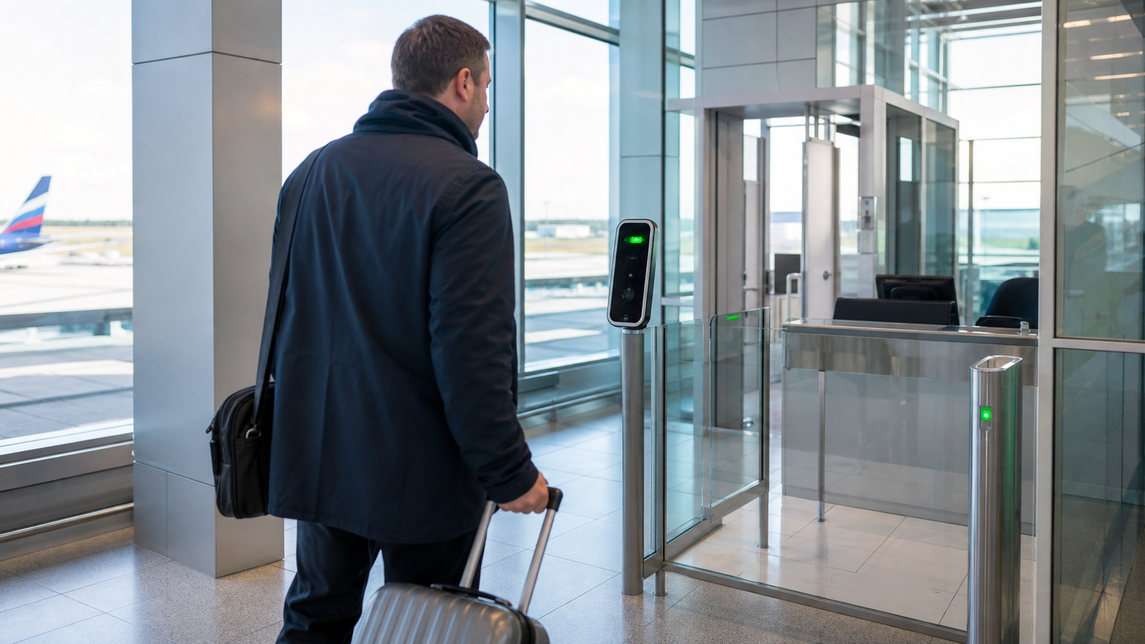 Man with a rolling suitcase approaches an airport security turnstile with a green light in a modern glass terminal side area