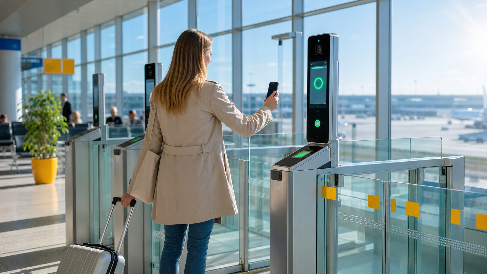 Woman at airport security gate scanning with her phone while pulling a suitcase behind her.