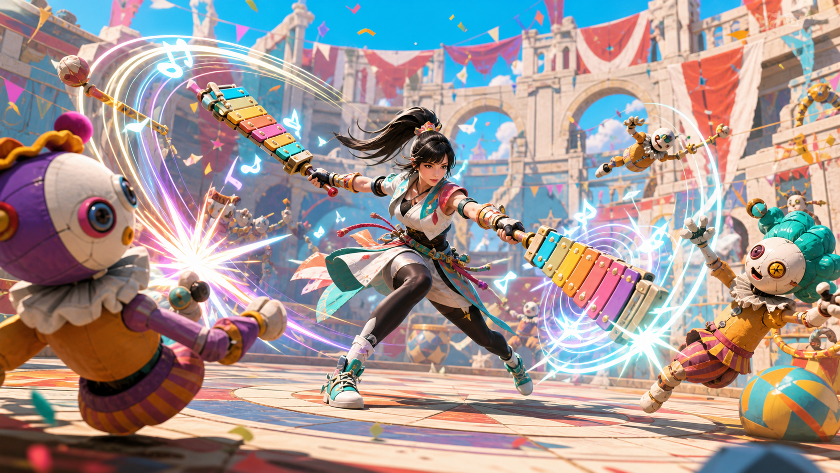 Female warrior in a colorful outfit lunges with a rainbow xylophone-like weapon as confetti falls in a carnival arena