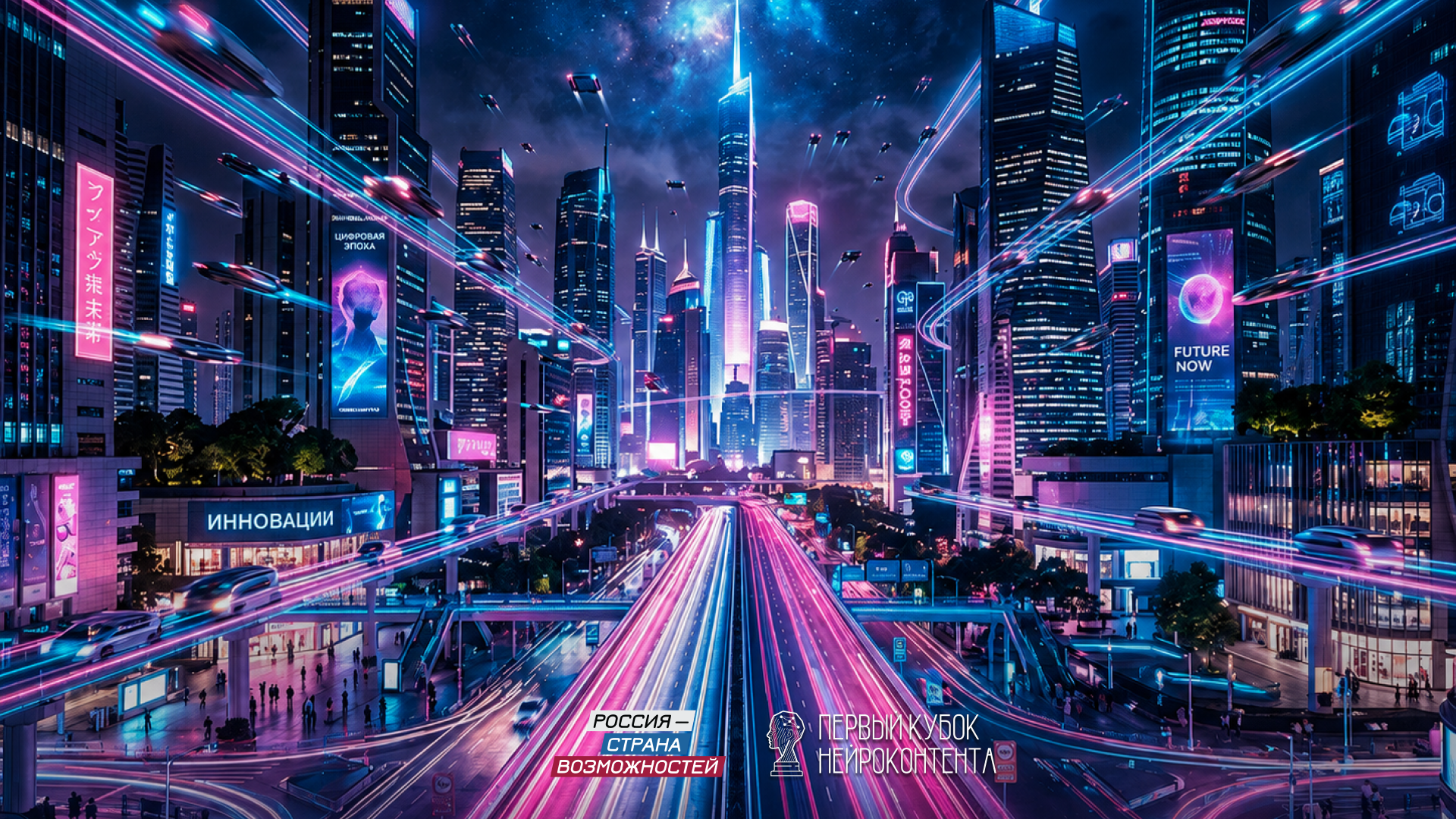 Neon-lit futuristic city at night with flying cars and glowing billboards in Cyrillic script.
