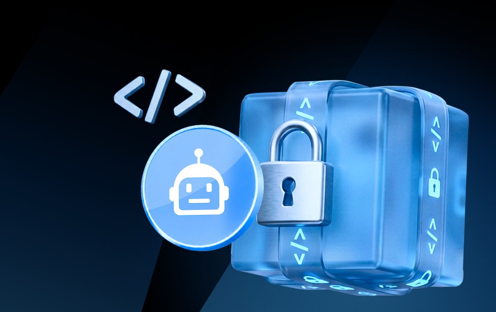 Blue secured container with a padlock, surrounding code brackets, and a round icon featuring a robot—symbolizing secure coding for developers.