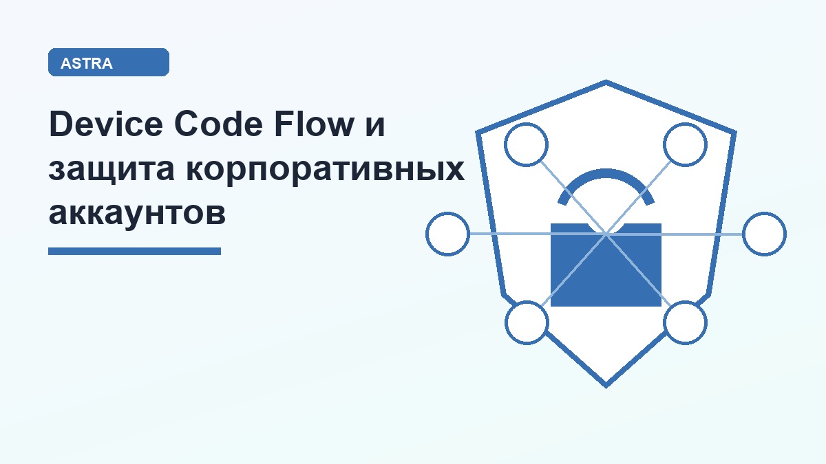 Баннер с заголовком 'Device Code Flow и защита корпоративных аккаунтов' и синей shield-иллюстрацией рядом.