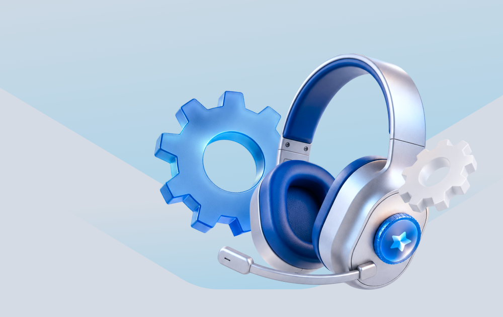 Blue and silver headset with mechanical gears, symbolizing technical support and audio engineering.