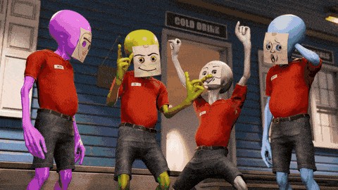 Four blocky humanoid figures in red shirts and jeans dancing on a sidewalk in front of a blue wall with a 'COLA DRINK' sign.