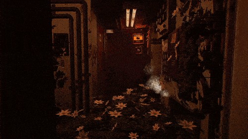 Dimly lit corridor with shelves on the right, star-shaped decorations scattered on the floor, and a warm light at the far end with a faint plume of smoke.