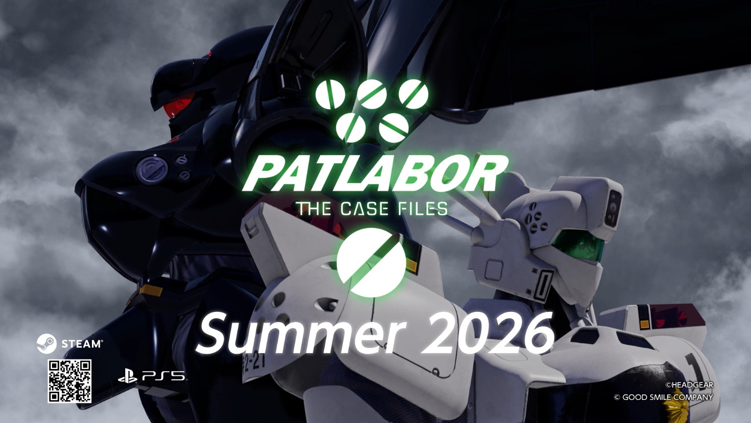 Patlabor: The Case Files Summer 2026 promotional artwork with giant mechs and neon green title text.