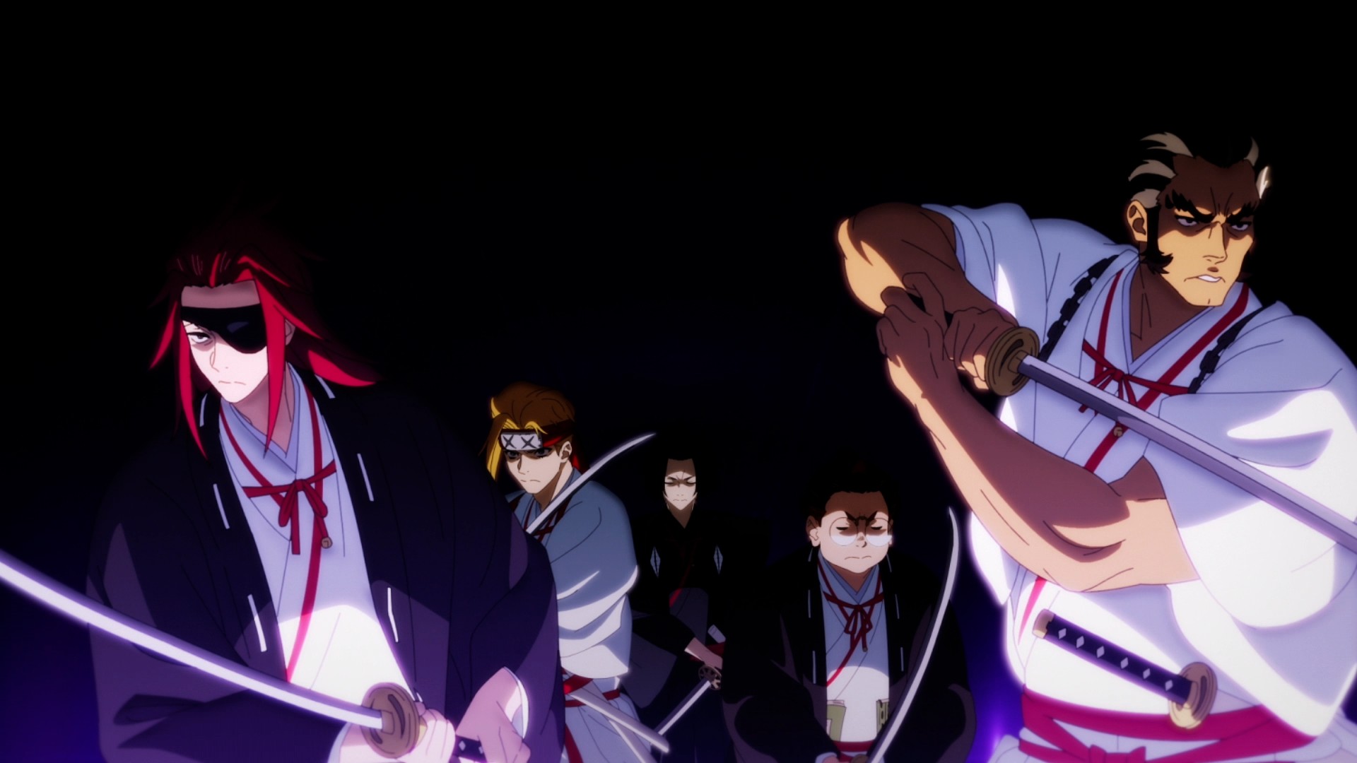 A group of samurai with drawn swords confronts the viewer in a dark, dramatic night scene.