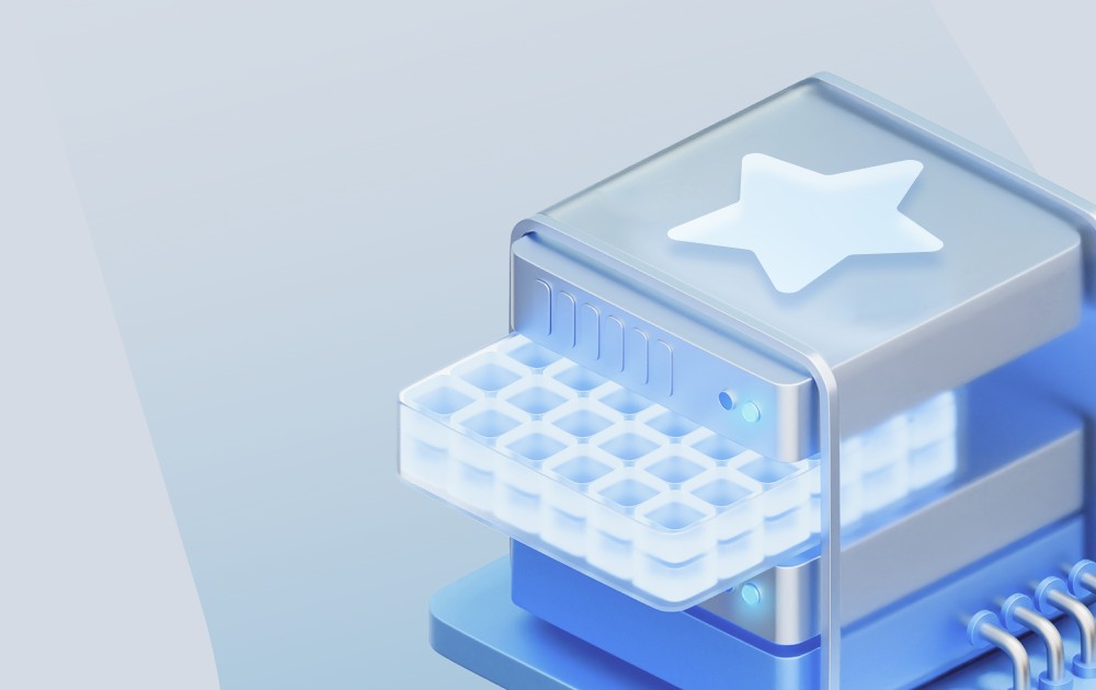 A blue laboratory machine with a star emblem and a tray of small wells extending outward.