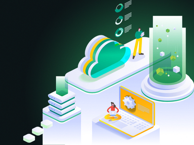 Isometric cloud computing scene with a glowing cloud, laptop, and stacked servers amid data visuals.