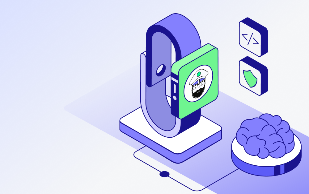 Isometric security device with a green padlock and a brain icon, symbolizing AI security and privacy protection