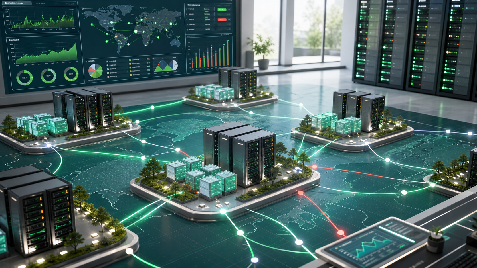 Global data center with modular server islands connected by glowing lines over a world map visualization and large dashboards in the background (high-tech network).