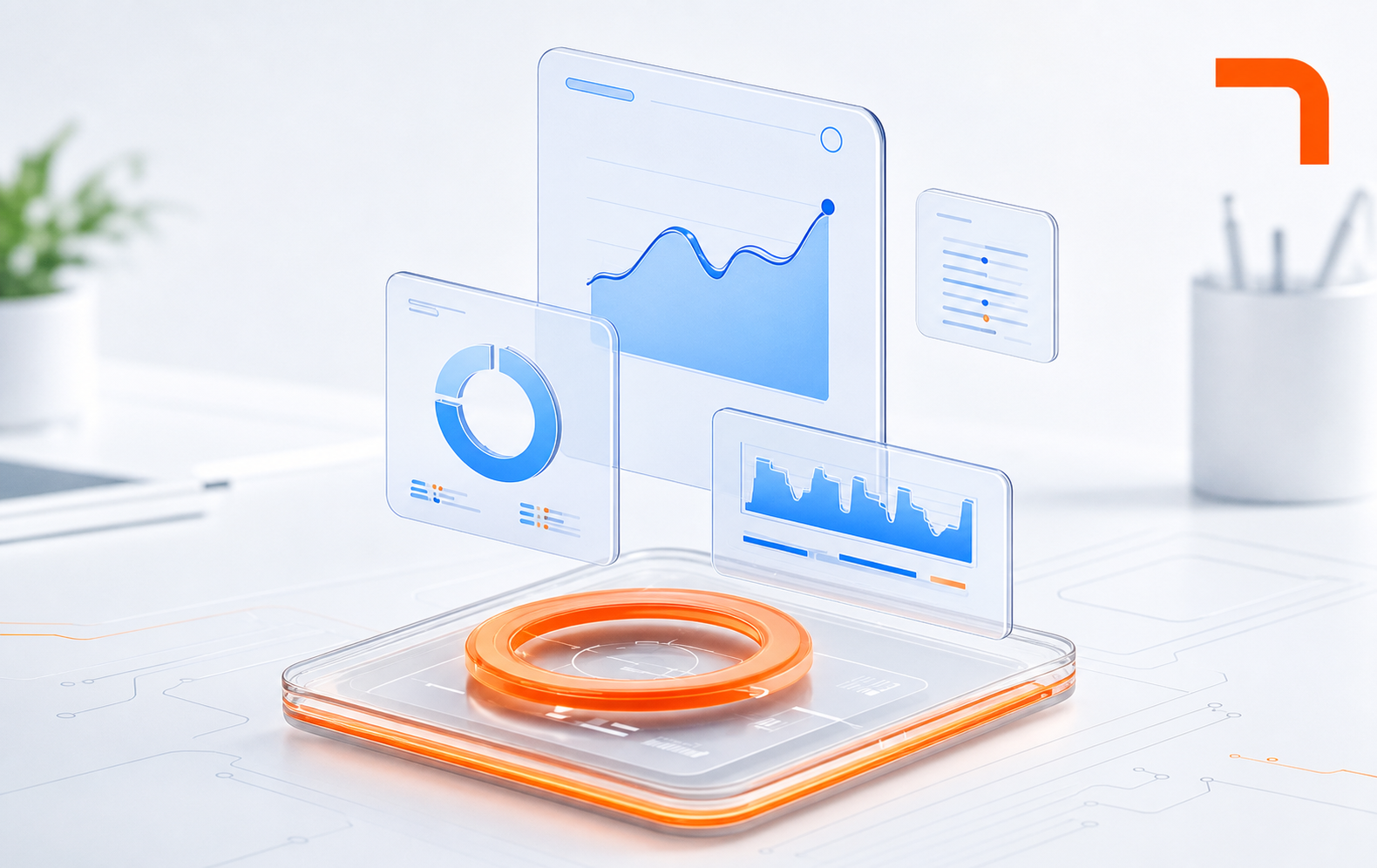 Futuristic holographic charts and graphs projecting from a transparent base, illustrating data analytics.