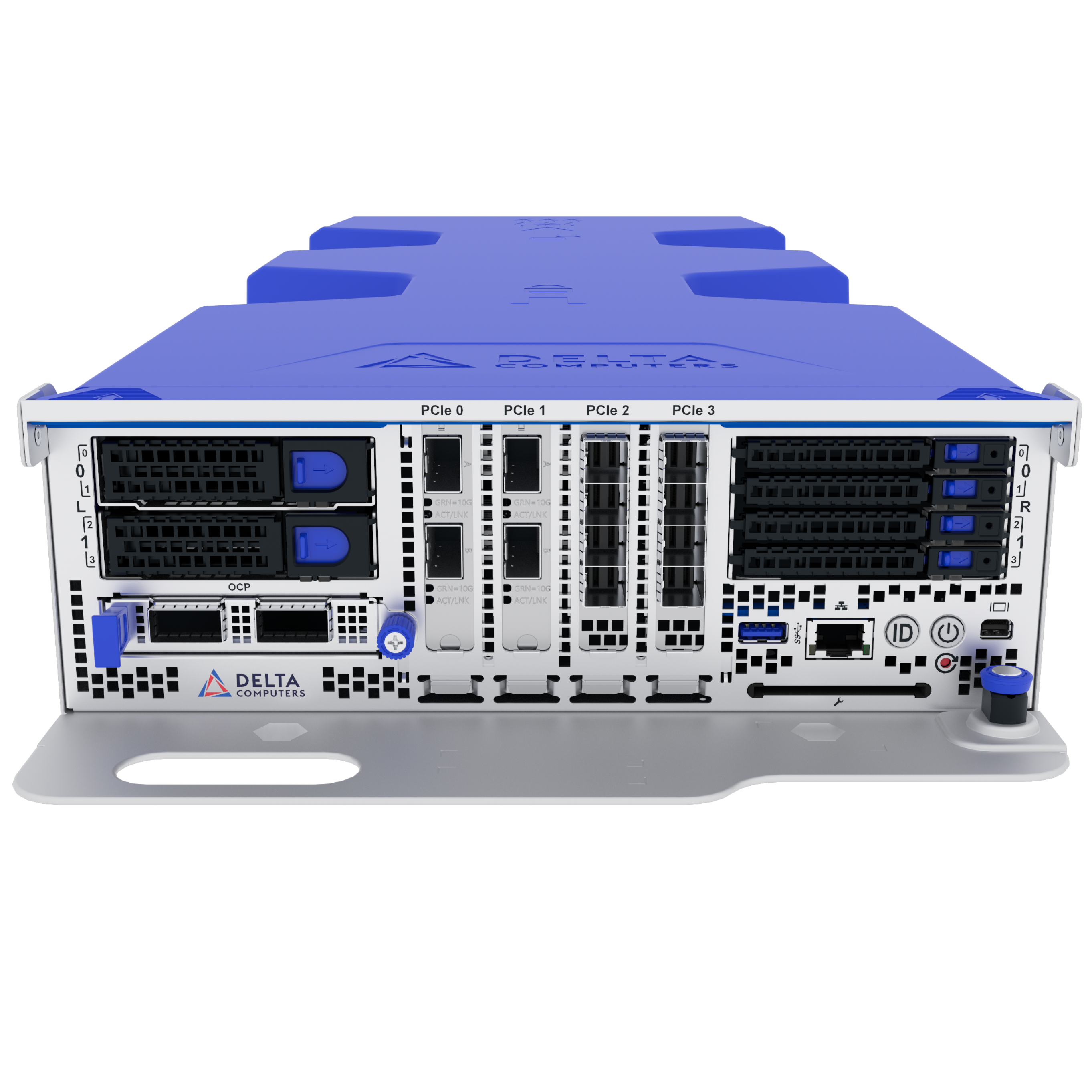 Front view of a blue Delta Computers server chassis showing PCIe slots and drive bays.