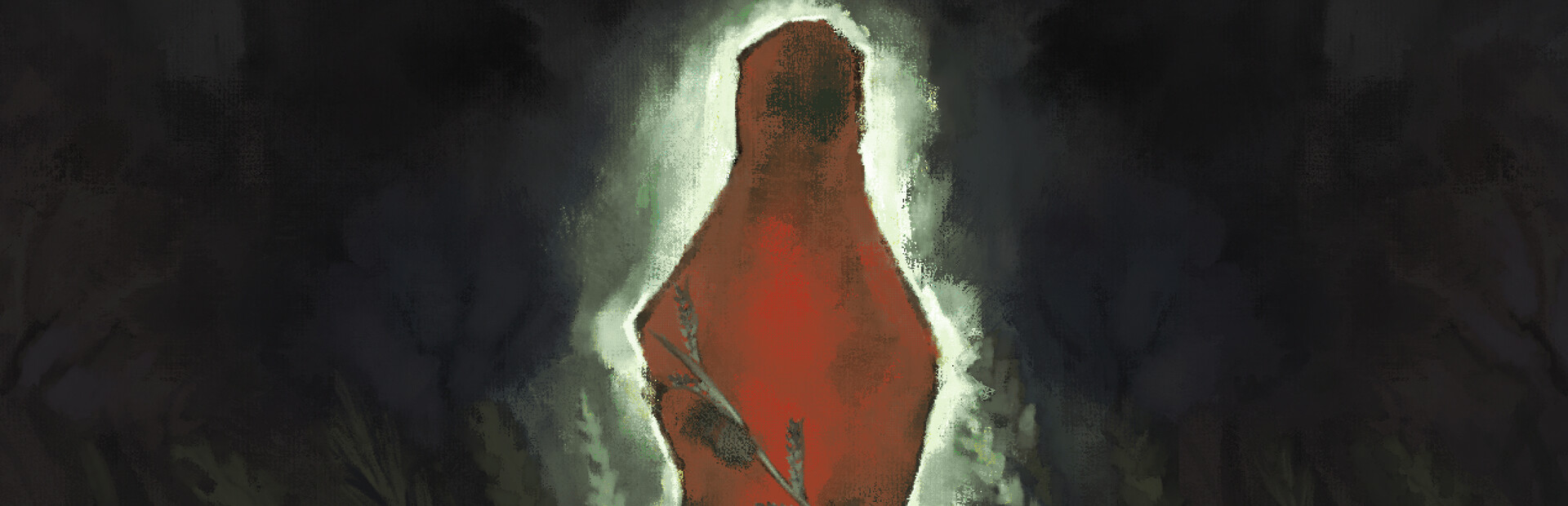 Red cloaked figure glowing softly in a dark forest.