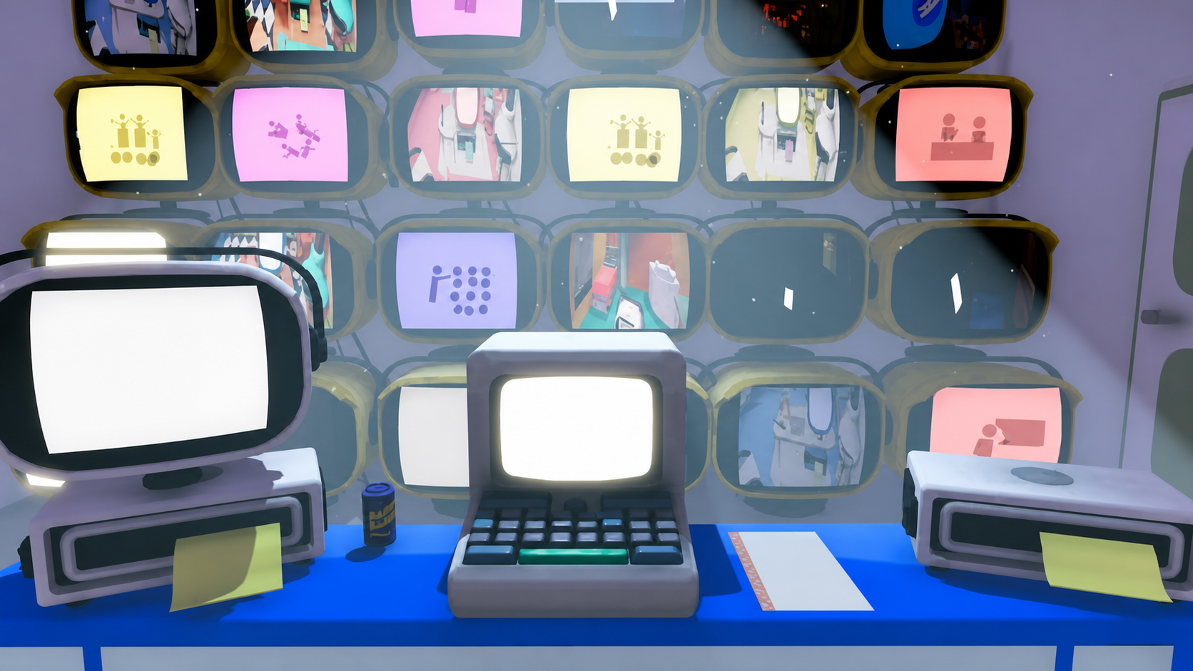 Retro computer setup with a small keyboard computer on a blue desk flanked by two vintage printers; wall behind shows stacked CRT screens displaying colorful icons and scenes.