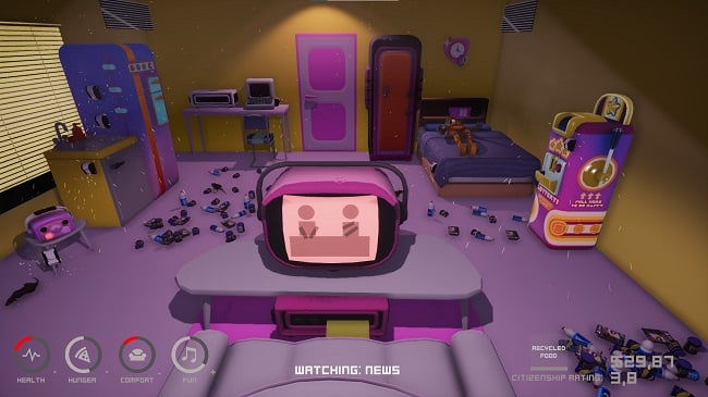 Colorful toy-themed bedroom/game room with a retro TV showing a cartoon face, scattered shoes on the purple floor, and arcade machines in the background.