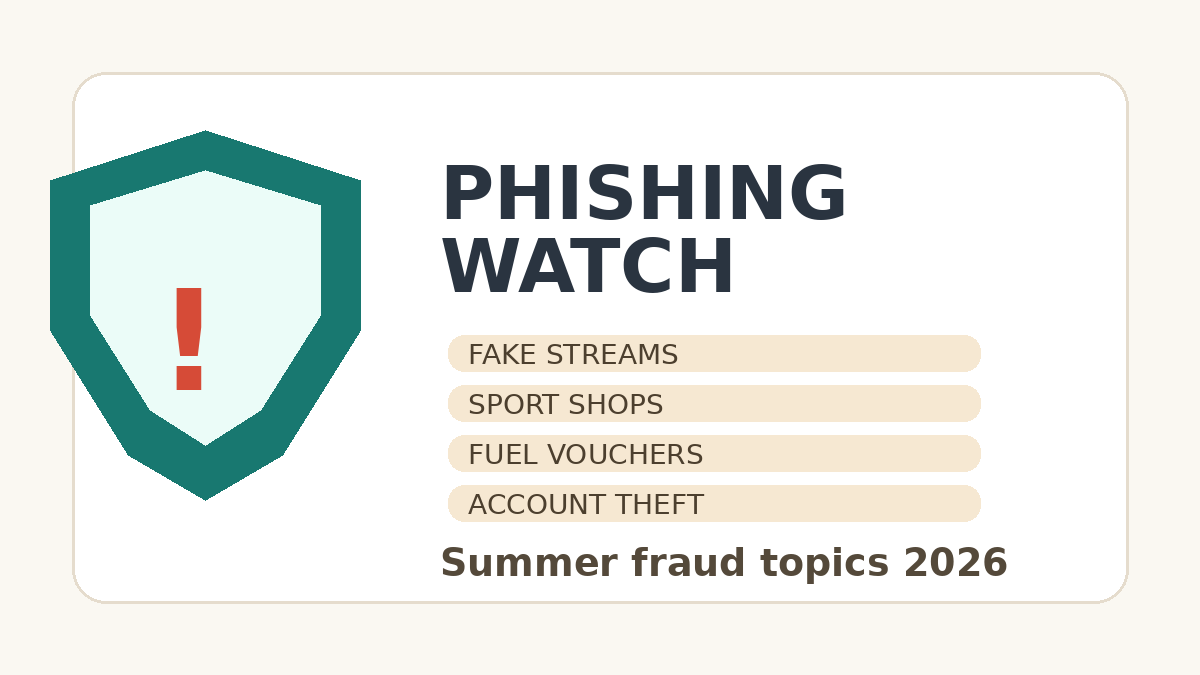 Poster titled 'Phishing Watch' showing a teal shield icon and a list of fraud topics: fake streams, sport shops, fuel vouchers, account theft; 'Summer fraud topics 2026' at the bottom.