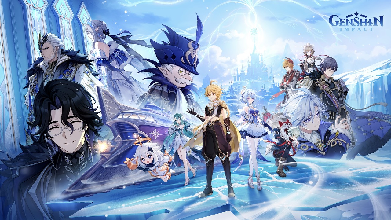Genshin Impact group of diverse heroes posing in a bright blue icy fantasy landscape with a distant castle.