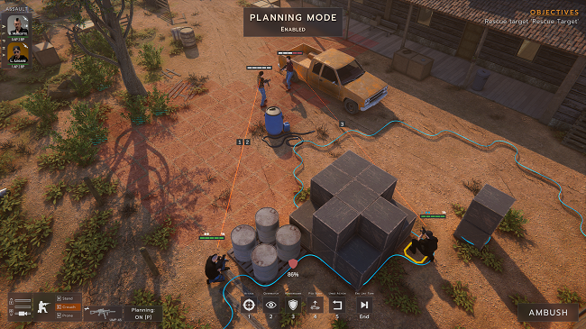 Planning mode HUD over an outdoor courtyard with three soldiers, a parked yellow van, blue hoses, stacked crates, and barrels; left portraits, bottom action bar, Ambush objective visible.