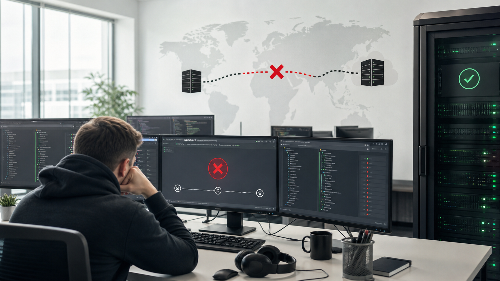 IT professional at a multi-monitor workstation viewing a network outage warning (red X) on a world-map wall graphic.