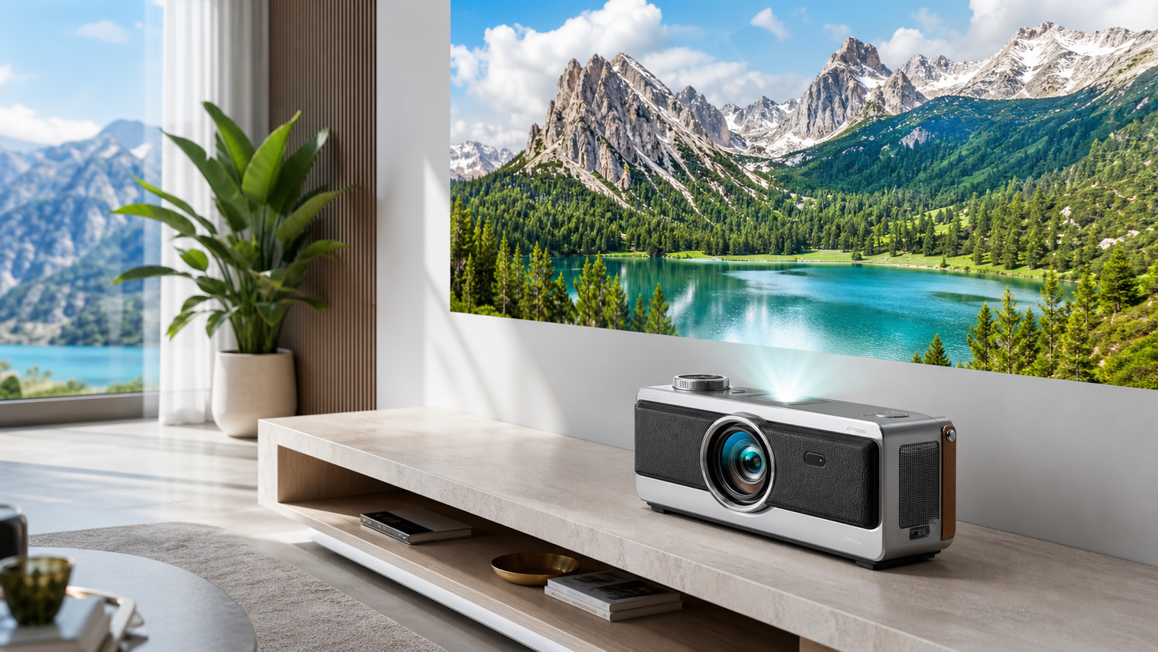 Modern living room with a silver projector on a light wood media console, projecting onto a wall mural of a mountain lake; a potted plant and large window to the left.