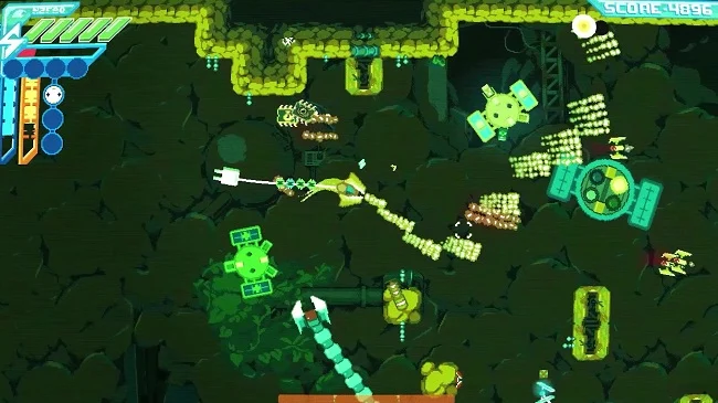 Side-scrolling game screenshot: player swings on a rope through a neon-green cavern with blocks, gears, and robotic enemies.