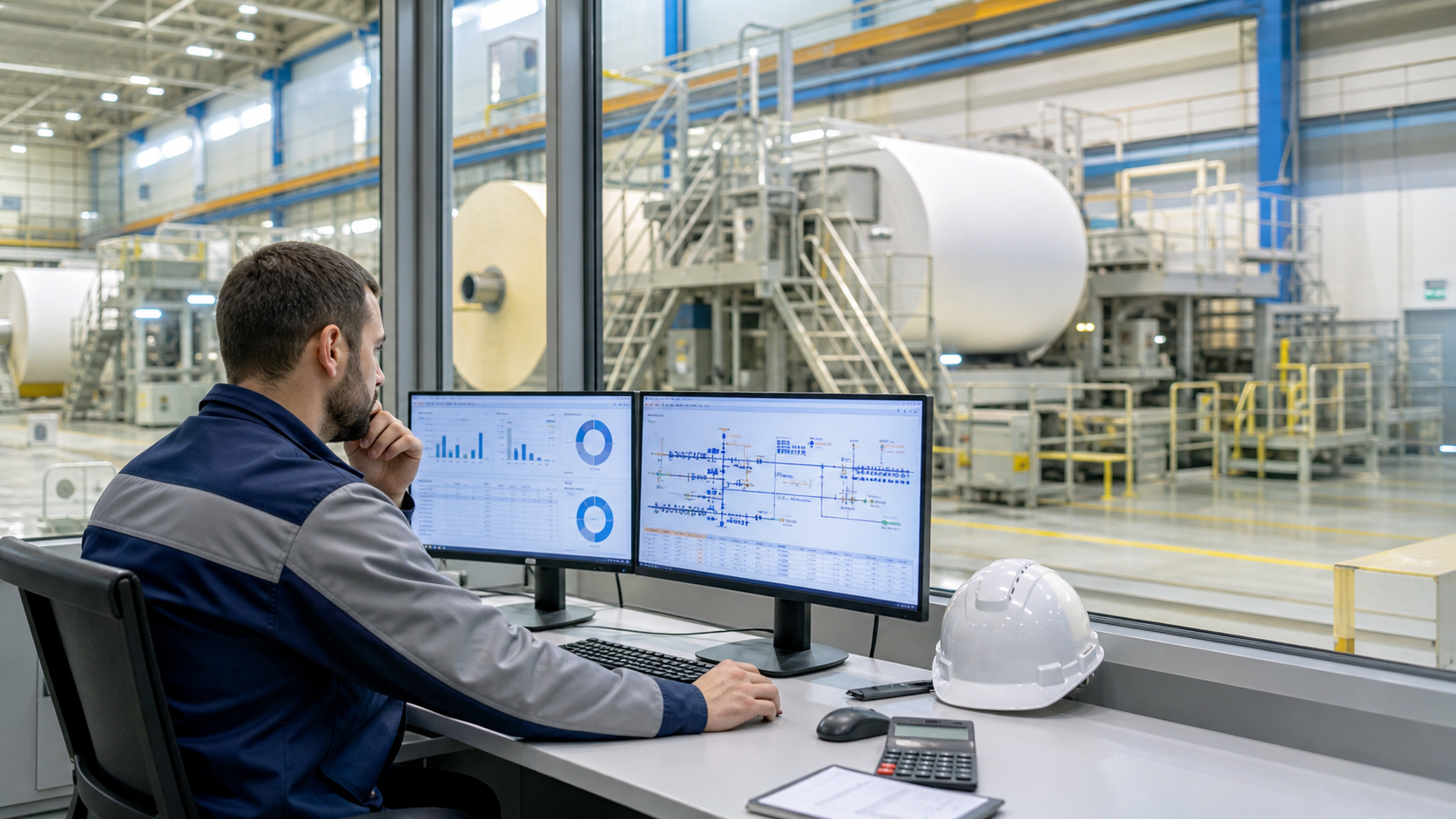Industrial control room worker monitors two dashboards on a desk overlooking a large manufacturing line with rolls and machinery ahead.