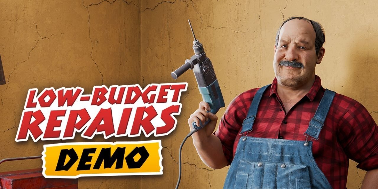 Handyman in red plaid shirt and denim overalls grips a power drill beside bold red text saying 'Low-Budget Repairs' on a yellow banner, with a cracked wall background.