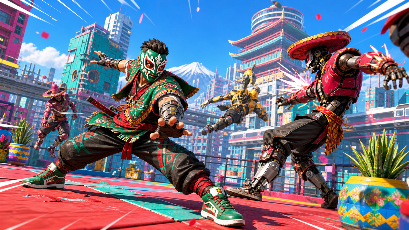 Masked martial artist in green and red lunges toward a pink-armored foe in a bright neon city arena.