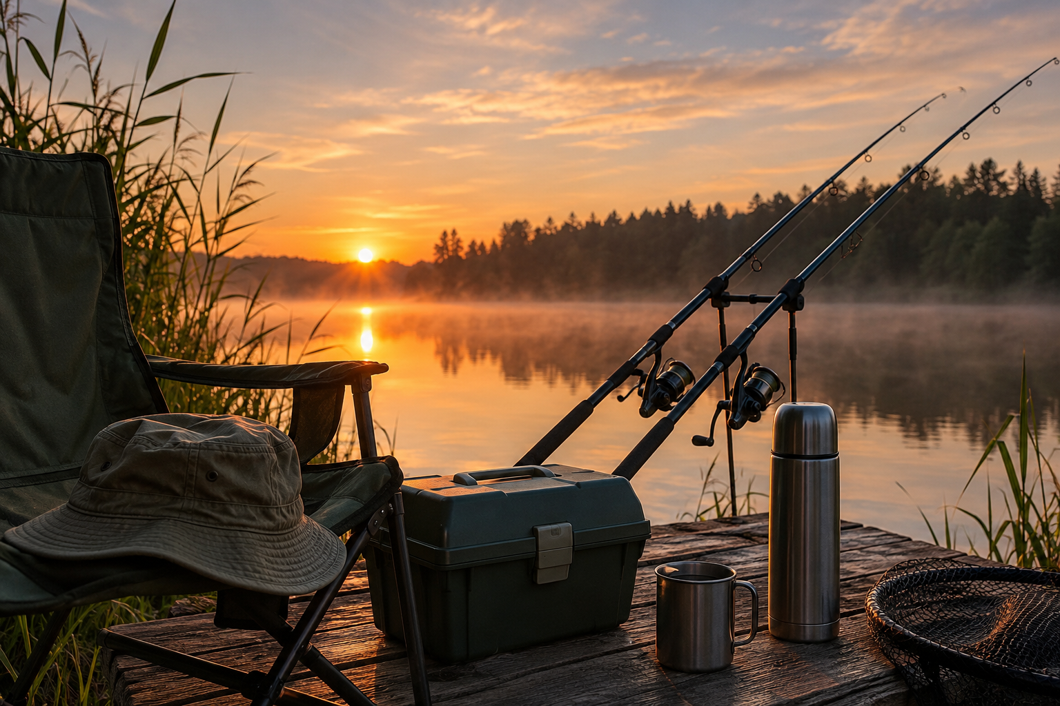 Fishing setup on a wooden dock at sunrise: two rods in rod holders, a tackle box, mug and thermos nearby.