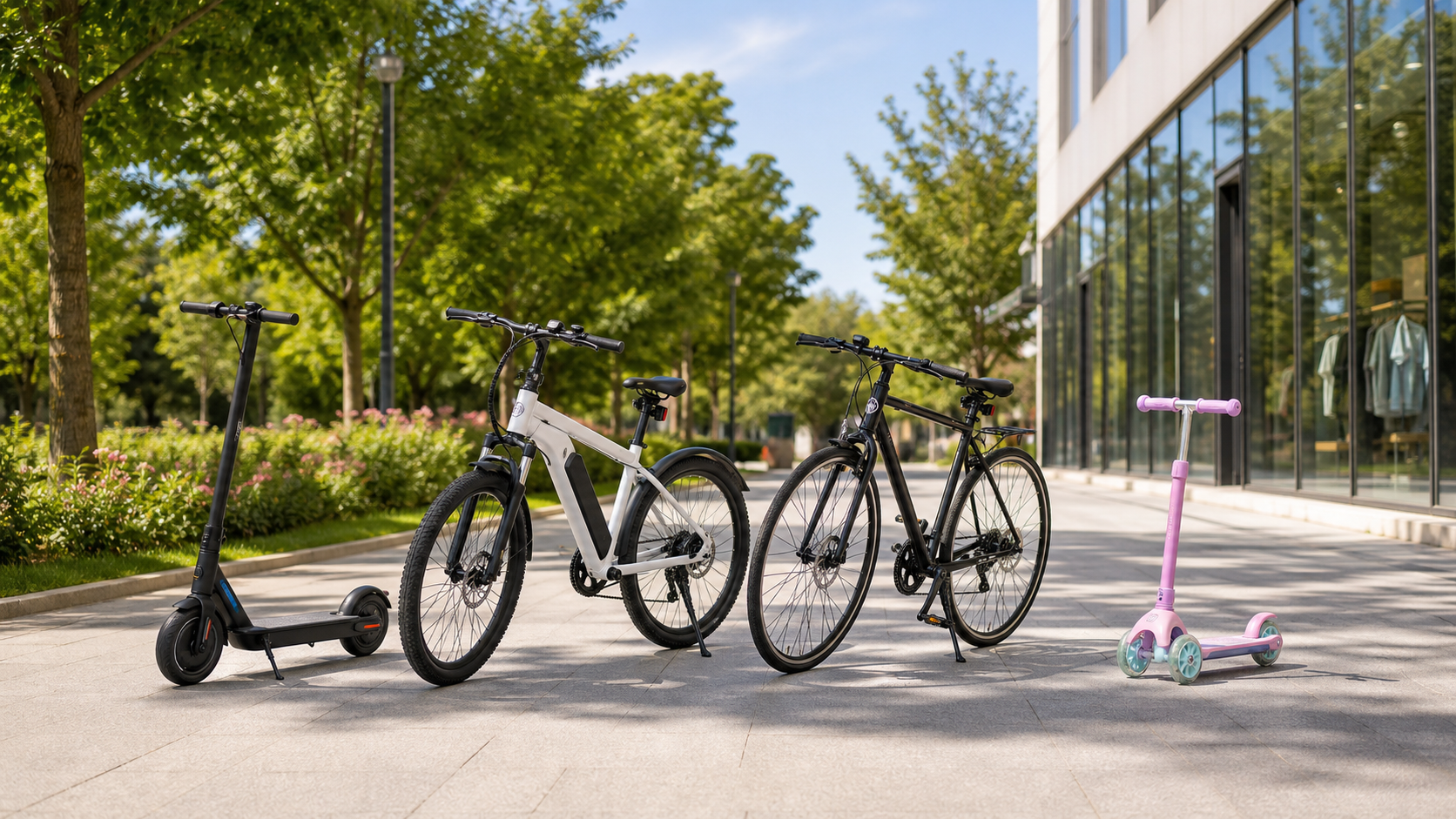 Several electric bikes and scooters parked on a sunny sidewalk beside a glass-front building.