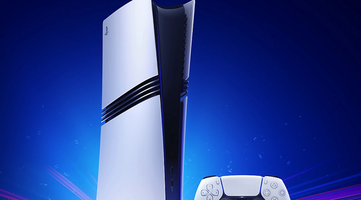 PlayStation 5 console standing upright with a DualSense controller on a blue gradient background.