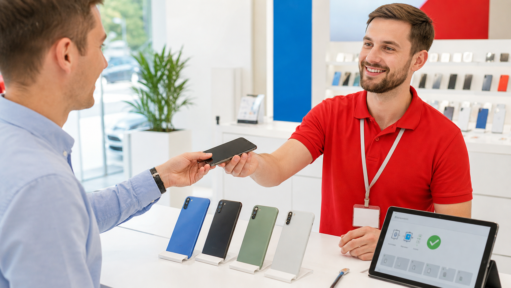 Store employee in a red polo hands a smartphone to a customer at a phone shop, with several phones on display and a tablet showing a checkmark on screen.