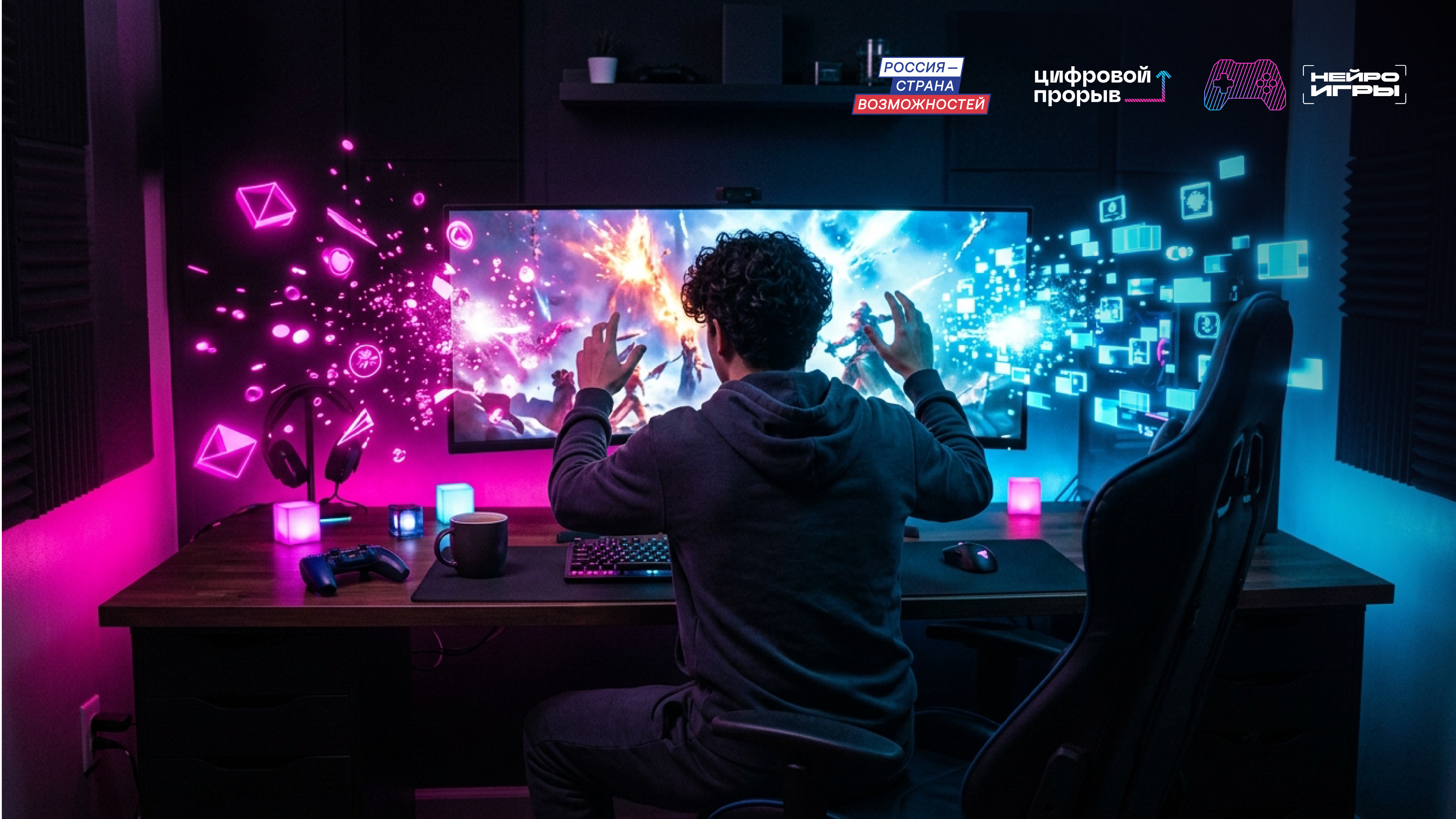 Gamer in a hoodie sits at a desk playing on a large monitor displaying a colorful sci‑fi battle, neon pink and blue lighting surrounding the setup.