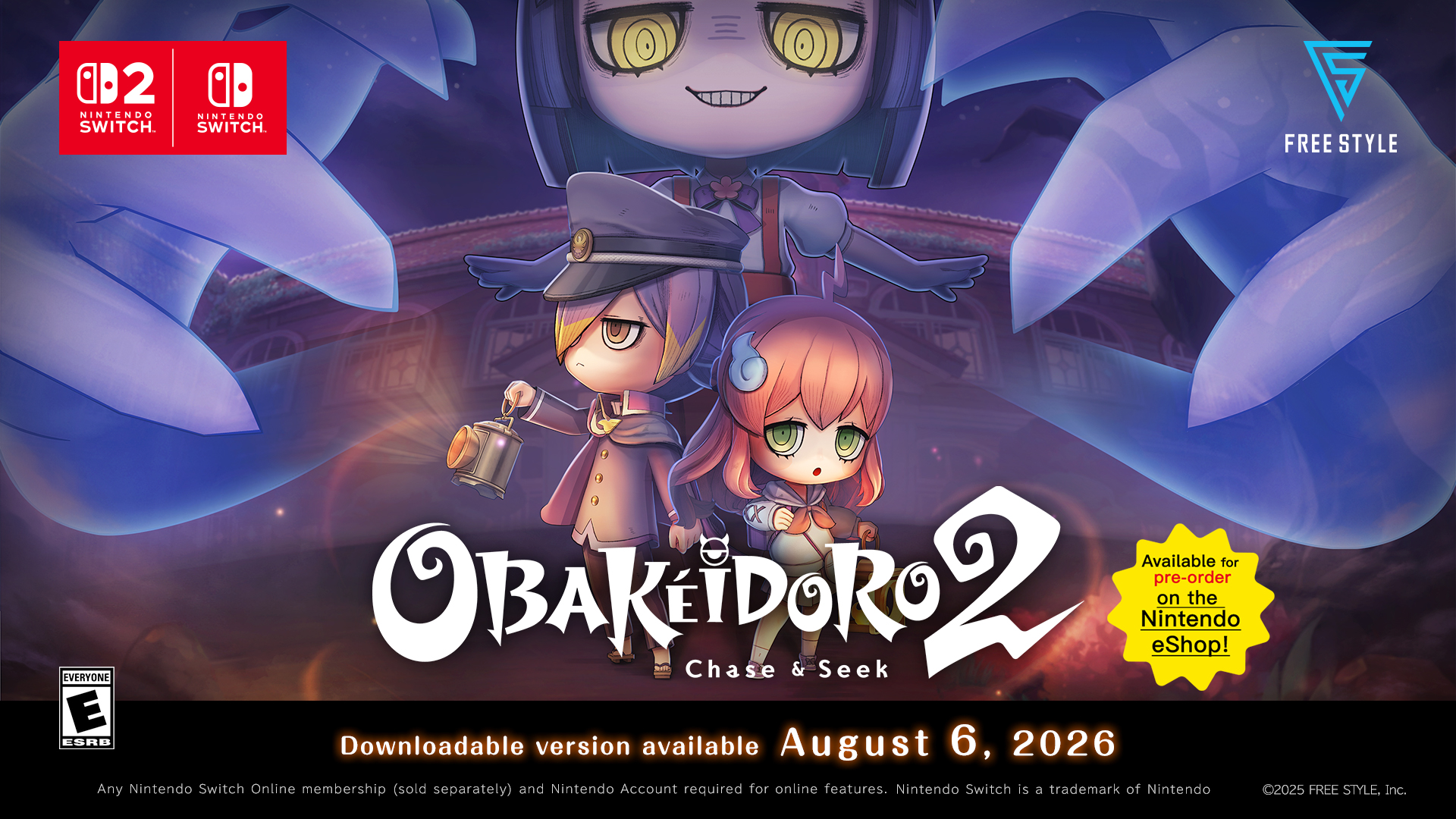 Cover art for Obakeidoro 2: Chase & Seek, showing two chibi characters in front of a giant ghostly figure, with Nintendo Switch logos and the August 6, 2026 release date.