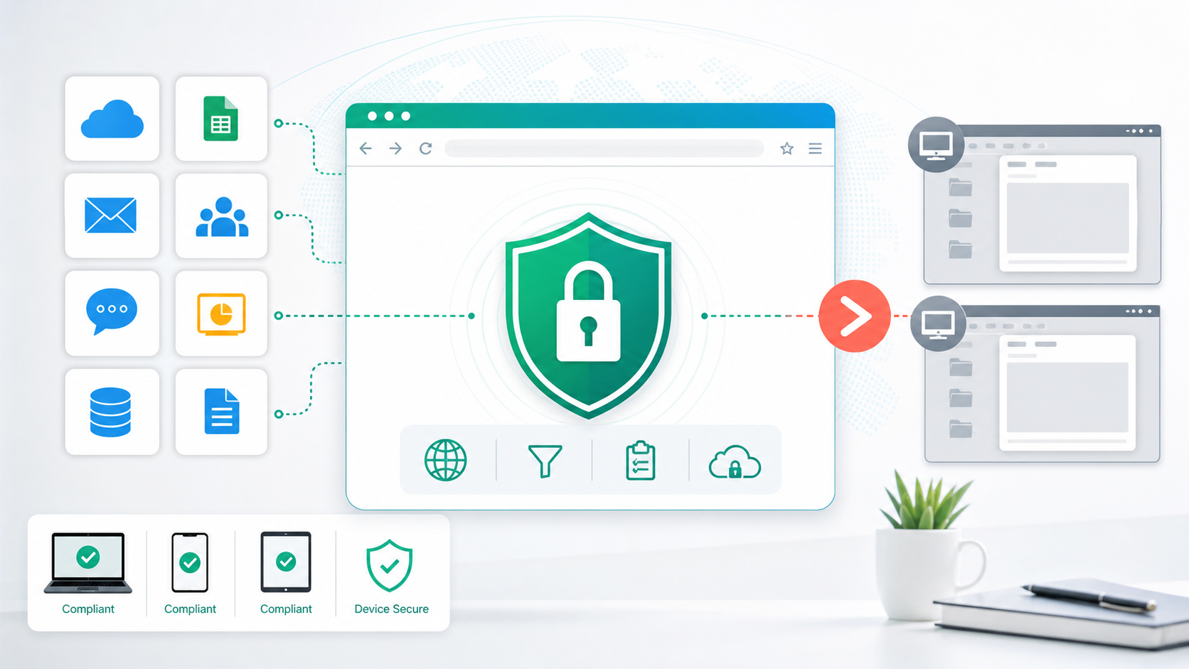 Web browser window with a green shield and padlock, connected to cloud apps, emails, and files.