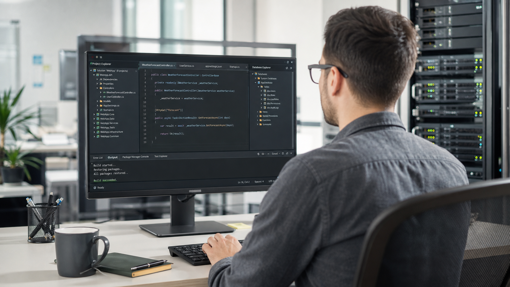 Developer typing at a keyboard, monitor shows code, with a server rack in the background.