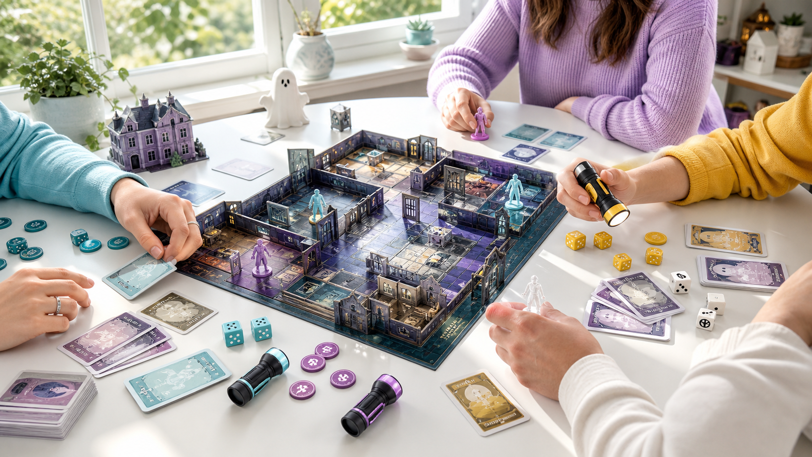 Group of players around a white table playing a modular dungeon board game with purple miniatures and scattered cards, dice, and tokens.
