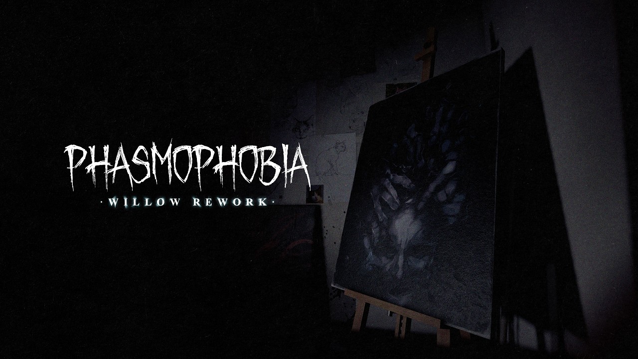 Dim, eerie gallery scene with a tilted canvas on an easel and the bold, jagged title 'PHASMOPHOBIA' above it (Willow Rework)