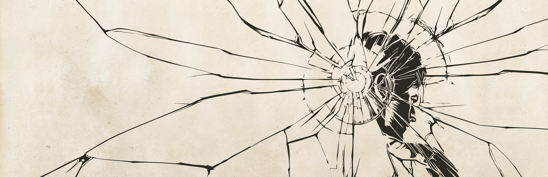 Abstract illustration of shattered glass with cracks radiating from a central point on the right, revealing a partial human silhouette.