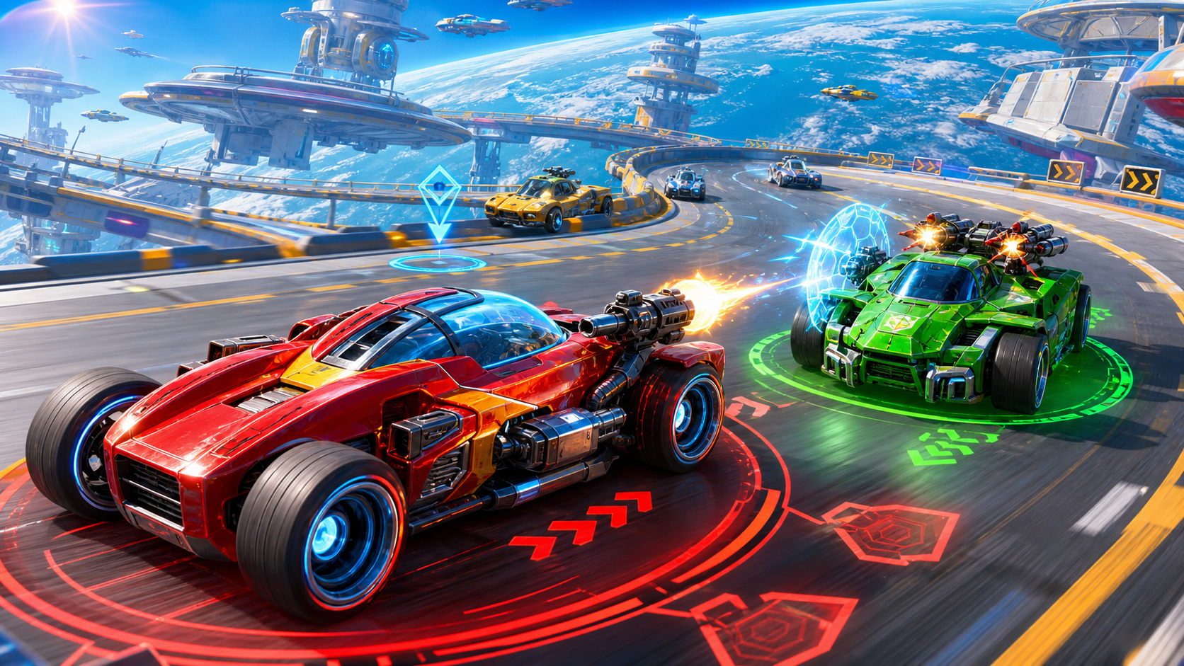 Futuristic race: red armored car fires an energy blast at a green car with a shield on a neon track in space cityscape