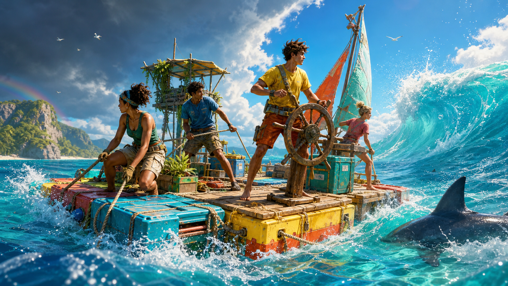 Five adventurers stand and crouch on a colorful DIY raft with a steering wheel, facing a colossal turquoise wave. A shark fin appears in the water nearby.