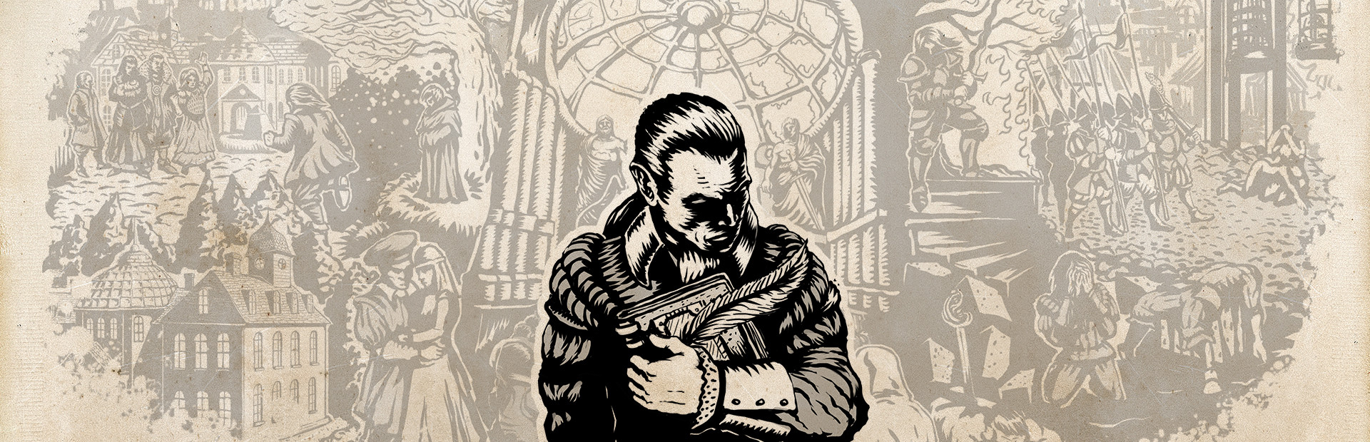 Central illustration of a man in old-fashioned clothing clutching a book, with a sepia-toned collage of historical scenes in the background.