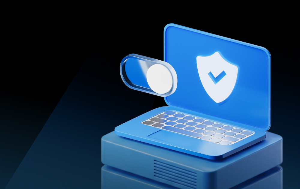 Blue laptop on a secure server with a white shield and checkmark, symbolizing cybersecurity protection.