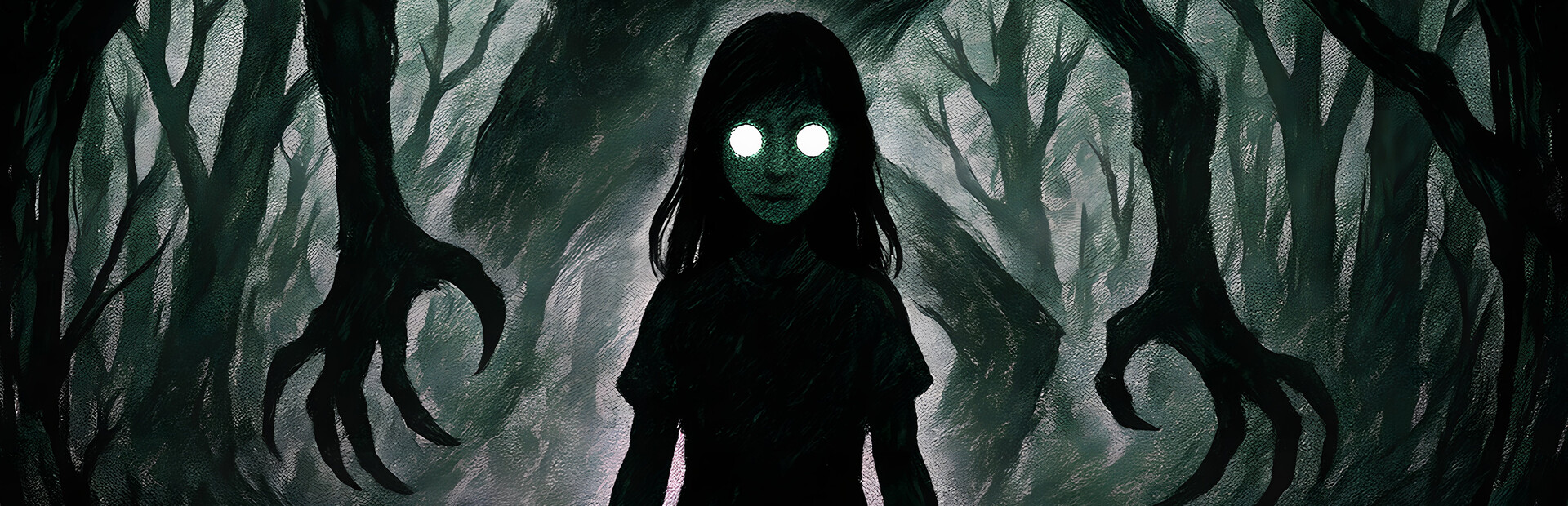 Silhouetted girl with glowing white eyes stands in a dark, twisted forest.